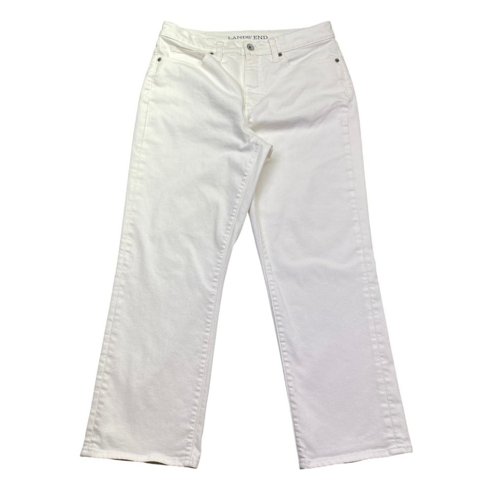 Lands End White High Rise Straight Leg Jeans Womens Sz 8 Petite Stretch Denim